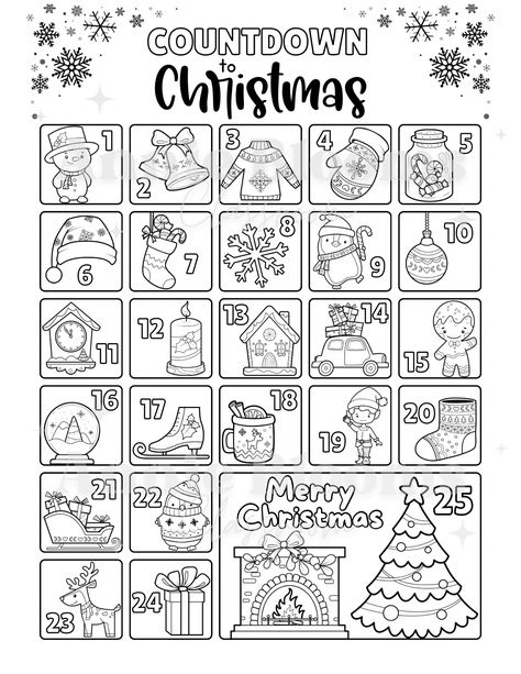 These are cute Advent Coloring Pages that kids, students or adults can color in as they count down to Christmas Eve! The Pages have 24 or 25 squares featuring cute illustrations that symbolize Christmas, such as a Christmas tree, a gingerbread man, a snowman, bells, a snowflake, gifts, candles, an elf and more. Christmas Cute Coloring Pages, Cute Christmas Colouring Pages, Coloring Advent Calendar, Kids Coloring Pages Christmas, Christmas Illustration Cute, Christmas Colouring Pages For Kids, Christmas Colouring Printables, Count Down To Christmas Ideas, Advent Worksheets