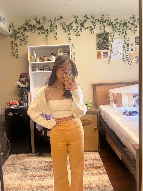 orange jeans white tube top white shrug bolero outfit Orange Shrug Outfit, Cute Bolero Outfit, White Bolero Outfit Aesthetic, Cropped Shrug Outfit, White Shrug Outfit Casual, Shoulder Shrug Outfit, Purple Tube Top Outfit, Bolero Outfit Aesthetic, Shrug Cardigan Outfit