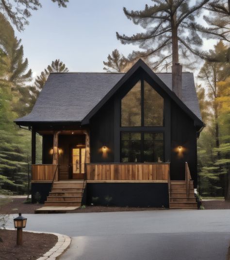 A stunning dark wood modern cabin, perfect for a wellness-focused lifestyle. Learn more about financing your dream home! Black Wooden House Exterior, Small House Black Exterior, Black And Wood House, Black Craftsman House, Black And White House Exterior, Coffee On The Porch, Minimalist Cabin, Montana Cabin, Black Cabin