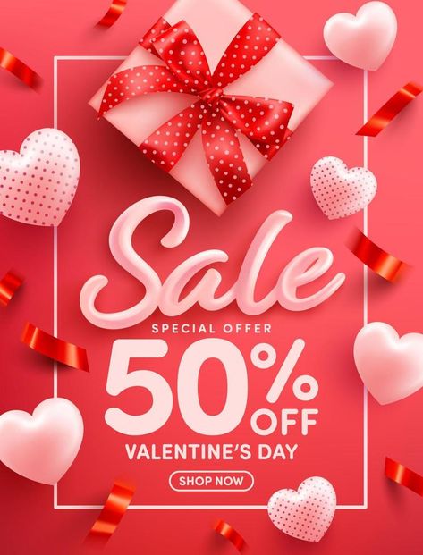 Valentine's Day Sale Poster or banner with sweet hearts and gift box on red background.Promotion and shopping template or background for Love and Valentine's day concept. Valentine’s Day Advertising, Valentines Day Promotion Design, Valentine Gift Basket, Valentine Offer Poster, Shopping Template, Valentine’s Day Flyer, Valentine Sales Flyer Design, Vector Frame, St Valentine