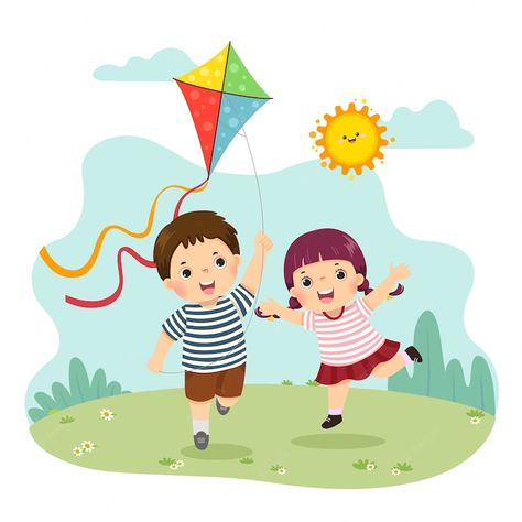 Kite Drawing, Flying A Kite, Flying Kite, Kids Vector, Kite Flying, Illustration Cartoon, Art Drawings For Kids, Boy And Girl