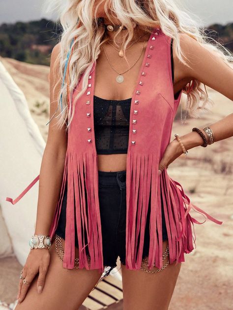 Coral Pink Casual Collar Sleeveless Woven Fabric Plain vest Embellished Slight Stretch  Women Clothing Western Vests, Women Vests, Plain Vest, Western Bling, Nfr Fashion, Rosa Coral, Woman Vest, Vegas Outfit, Country Concert Outfit