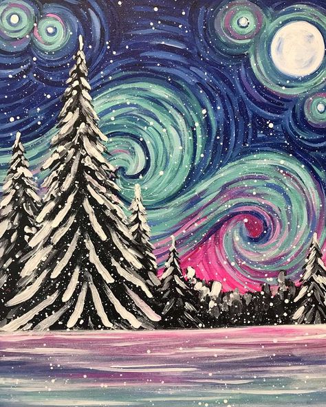 Oh what fun it is to watch the snow fall with a gorgeous starry night sky! #naperville #paintfromhome #datenight #vangogh Winter Themed Art Lessons, Cute Winter Paintings On Canvas Easy, New Year Painting Ideas Easy, Winter Art Inspiration, Christmas Paint Night Ideas Easy, Winter Sky Painting, Winter Paint Night Ideas, January Painting Ideas, Winter Painting Ideas On Canvas