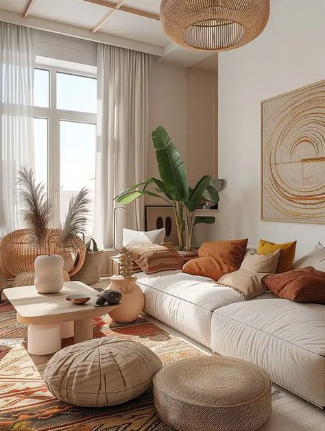 Boho Living Room Inspiration, Earthy Living Room, Modern Boho Living Room, Boho Chic Living Room, Boho Living Room Decor, Bohemian Modern, Bohemian Living Room, Room Decorating, Boho Living