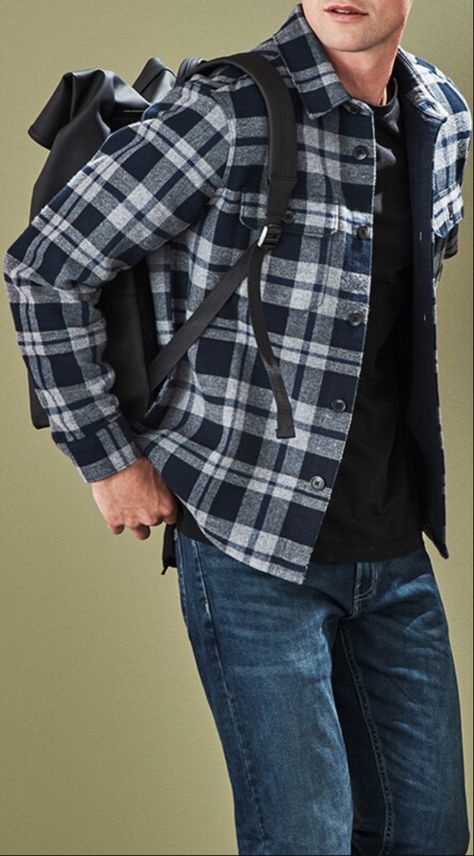 Black / Dark Grey Check Shirt . Black T-Shirt . Mid Blue Jeans #Autumn #Winter Blue Flannel Shirt Outfit, Blue Checked Shirt Outfit, Blue Black Flannel Outfits, Dark Flannel Outfits Men, Flanel Outfit Aesthetic Man, Blue Flannel Outfits Men, Blue Chex Shirt Outfit Men, Blue Check Shirt Mens Outfit, Blue Flannel Outfit