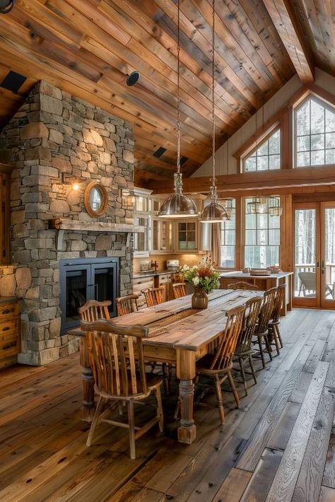 Log House Dining Room, Cabin Dining Room Lighting, Dining Room Lounge Ideas, Rustic Lodge Dining Room, Tudor Garage, Country House Dining Room, Lodge Dining Room, Farmhouse Dining Room Decor Ideas, Cabin Dining Room