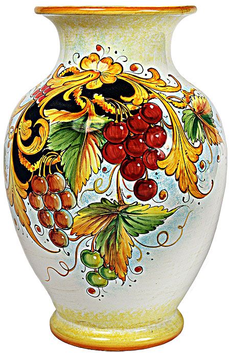 Deruta Italian Ceramic Vase - Frutta Festone Uva Rossa style Italian Vases, Deruta Italian Ceramics, Italian Vase, Colorful Pottery, Italian Majolica, Pottery Painting Designs, Woman Bag, Italian Pottery, Wheel Thrown Pottery