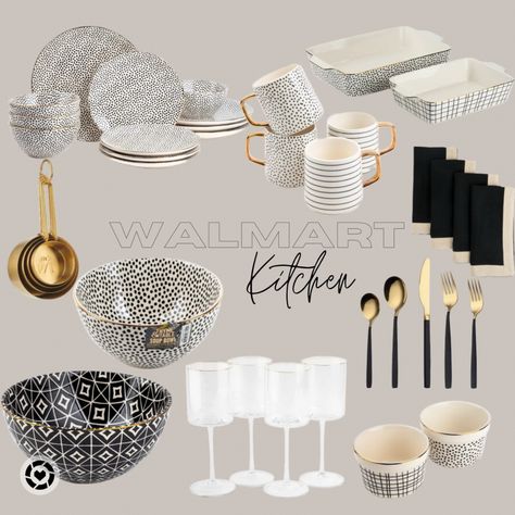 Kate Spade Inspired Kitchen, Black And White Kitchen Utensils, Black White Gray Gold Kitchen, Cream And Black Kitchen Decor, Black And Gold Kitchen Utensils, Black White Gold Kitchen Decor, Walmart Kitchen Decor, Black And Gold Kitchen Accessories, Black White And Gray Kitchen Decor Ideas