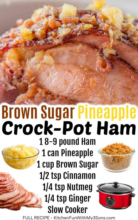 Slow Cooker Brown Sugar Pineapple Ham with a sweet and tangy topping, this is the perfectly sweet and spiced ham your family will love! We especially love to make this brown sugar ham for Holidays like Thanksgiving, Christmas and Easter. And no oven space needed! Slow Cooker Pineapple Ham, Brown Sugar Pineapple Ham, Crock Pot Ham, Brown Sugar Pineapple, Ham Recipes Crockpot, Slow Cooker Ham Recipes, Pineapple Ham, Crockpot Ham, Slow Cooker Ham