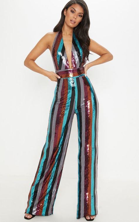 Multi Stripe Sequin Halterneck Jumpsuit 70s Disco Jumpsuit Outfit, 70s Sparkly Outfit, Bell Bottom Jumpsuit Vintage 70s, Disco Woman Outfits, 70s Sequin Jumpsuit, 70s Disco Attire, Cirque Du Soleil Party Outfit, Soul Train Outfits Women, 70s Stage Outfit