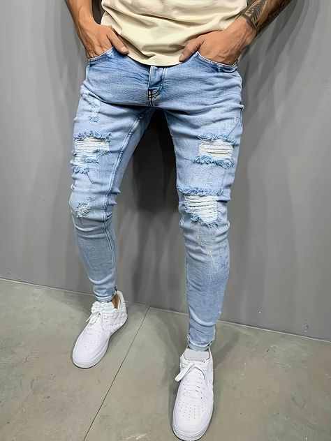 Men's Slim Fit Ripped Jeans Men's Casual Street Style - Temu Slim Fit Ripped Jeans, Cut Out Jeans, Ripped Jeans Men, Stretch Denim Pants, Casual Street Style, Slim Fit Men, Mens Denim, Jeans Denim, Ripped Jeans