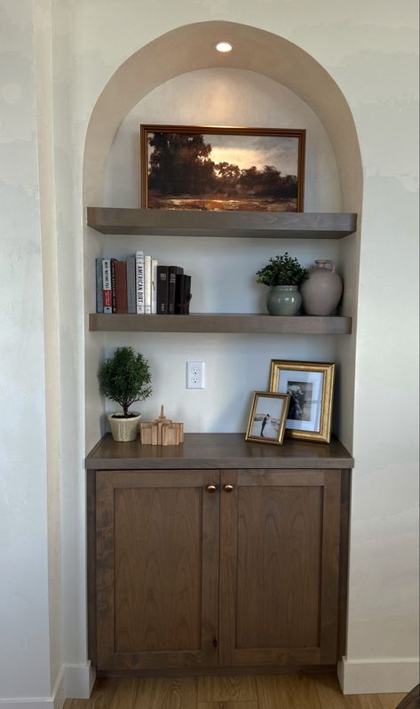 Arch cabinet wood Arch Dinning Room, Art Alcove Wall Niches, Hallway Wall Niche, Arch Shelf In Wall Built Ins, Arched Linen Closet, Built In Arch In Wall, Arch Built In Cabinet, Arch Cupboard Design, Arch Alcove Ideas Living Rooms