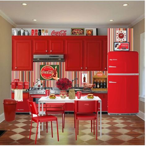 A home decor collage from October 2013 Coke Kitchen Ideas, Coke Themed Kitchen, Coke Cola Led Clock With Plates, Cocoa Cola, Coca Cola Kitchen, Coca Cola Products, Coca Cola Decor, Vintage Coke, Coca Cola Ad