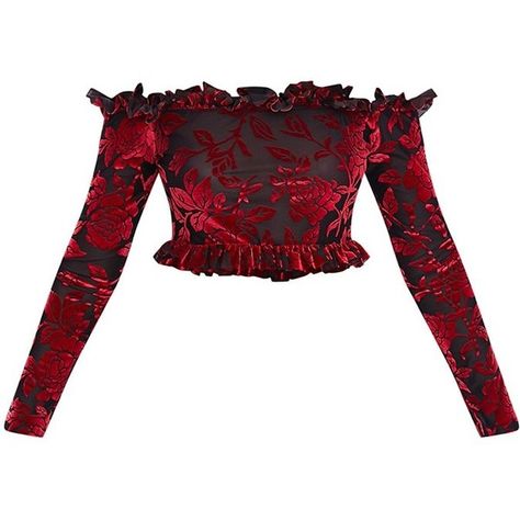 Red Velvet Flock Bardot Longsleeve Crop Top (32 CAD) ❤ liked on Polyvore featuring tops, long sleeve tops, red long sleeve top, velvet crop top, crop tops and cut-out crop tops Red Velvet Top, Red Long Sleeve Top, Velvet Top Long Sleeve, Bardot Crop Top, Red Long Sleeve Tops, Velvet Crop Top, White Long Sleeve Top, Top Crop, Velvet Tops