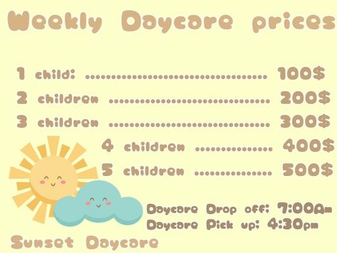 Bloxburg Daycare Wallpaper Codes, Bloxburg Daycare Prices Decals, Bloxburg Day Care Decal Codes, Bloxburg School Decal Codes Cafeteria, Bloxburg Preschool Ideas, Bloxburg Preschool Layout, Bloxburg Lunch Menu Decals, Bloxburg School Cafeteria Decals, Bloxburg Daycare Layout 2 Story