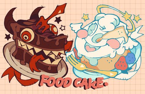 Cake Character Design, Food Monster Art, Food Monster Concept Art, Food Monster Drawing, Devil Character Design, Fish Inspired Character Design, Candy Oc, Fox Character Design, Devil Character