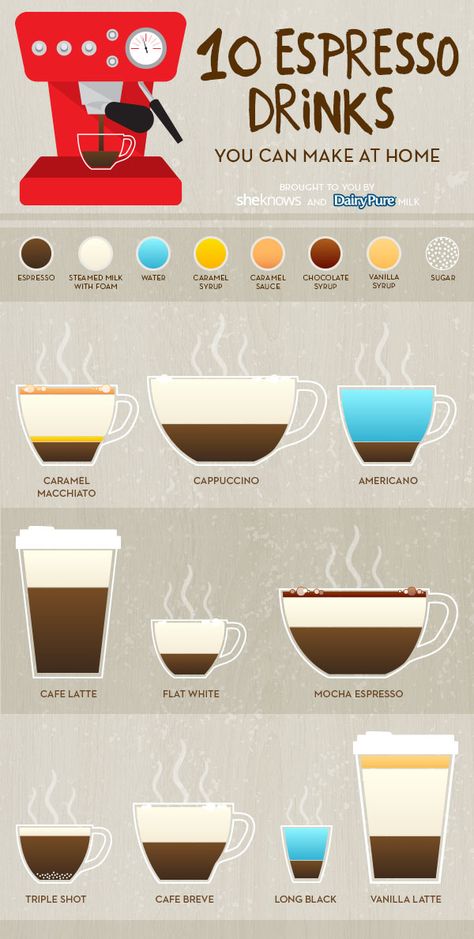 10 Easy espresso drinks to make at home • Custom illustrations and design made for SheKnows #GraphicDesign How To Make A Latte, Espresso Brownies, Ninja Coffee Bar, Espresso Recipes, Espresso At Home, Ninja Coffee, Best Espresso Machine, Espresso Drinks, Best Espresso