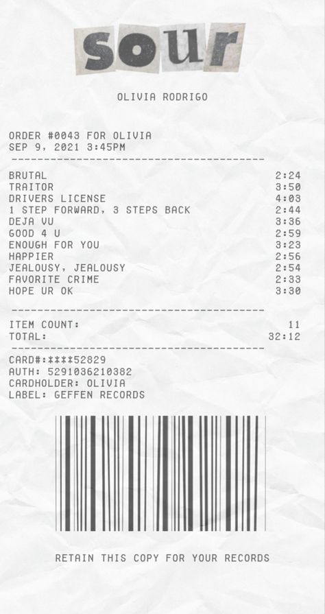 Album Song List Design, Receipt Album Cover, Receipt Song List, Shopping Receipt Aesthetic, Receipt Album Poster, Life Support Album Receipt, Reciept Png, Concert Receipt, Movie Receipts