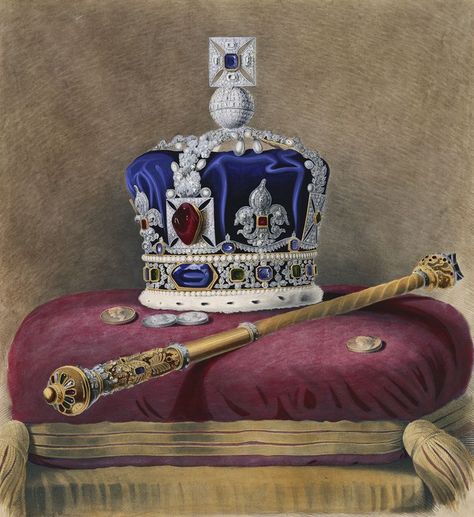 Hand coloured print of Queen Victoria's Imperial State Crown. Queen Elizabeth 2, Coronation Robes, Imperial State Crown, British Crown Jewels, Royal Crown Jewels, Arts Club, Royal Collection Trust, Imperial Crown, Royal Crowns