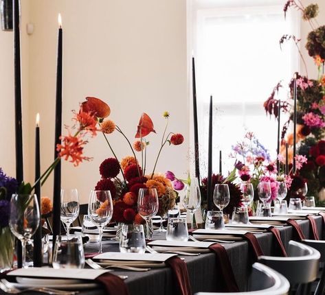 Sooo obsessed with this colour explosion by @bek_burrows with our Domino Weave table cloths & Mulberry Velvet napkins :heart:Perfectly photographed by @ninahamiltonphotography Venue @agrariankitchen Table linen: @tablearteventhire Florals, styling, stationery & custom candlesticks by @bek_burrows Candles by @hall.of.flame.candles Black Candle Wedding, Black Tablecloth Wedding, Tasmania Wedding, Velvet Napkins, Black Candlesticks, Colour Explosion, Candle Lit Wedding, Black Tablecloth, Candle Sticks Wedding