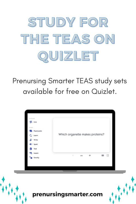 Blue text reads Study for the TEAS on Quizlet. Image of computer with flashcard set sample. Teal star decorations in bottom corners. Prenursing Smarter TEAS study sets available for free on Quizlet. Teas Exam Study Guides, Teas Test Prep, Teas Exam, College Student Hacks, Nursing School Motivation, Nursing Exam, Exam Study Tips, Nurse Inspiration, Study Flashcards