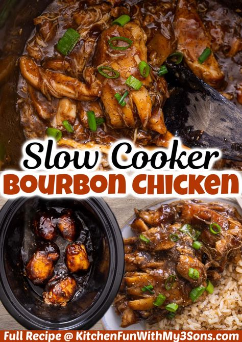 Crock Pot Bourbon Chicken is a family favorite dinner with tender chicken thighs and a delicious bourbon sauce simmered to perfection in the slow cooker. Queen Of The Slow Cooker, Crockpot Bourbon Chicken Thighs, Crockpot Bourbon Chicken Easy, Crock Pot Chicken Thighs Recipes, Chicken Thighs Crockpot Bone In, Bone In Chicken Breast Recipes Crock Pot, Bone In Chicken Thighs Recipes Crockpot, Bourbon Chicken Recipe Crockpot, Crockpot Bourbon Chicken