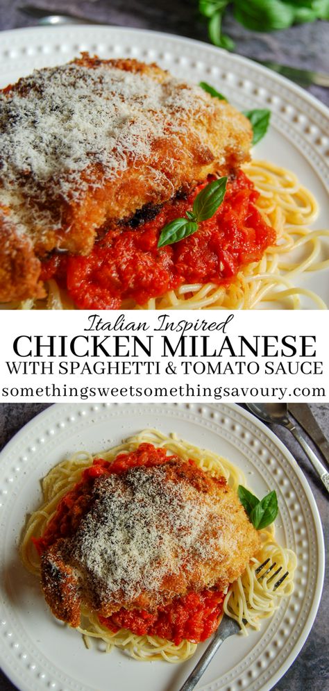 This Chicken Milanese with Spaghetti and tomato sauce is a delicious Italian inspired meal – prepare the chicken and sauce in advance for a speedier midweek dinner! #chickenmilanese #spaghetti #chickendinners #breadedchicken Chicken Milanese Healthy, Chicken Milanese Pasta, Chicken Milanesa Recipe, Spaghetti Milanese, Chicken Milanese Recipe, Chicken And Sauce, Spaghetti Tomato Sauce, Wheat Pasta Recipes, Spaghetti Chicken