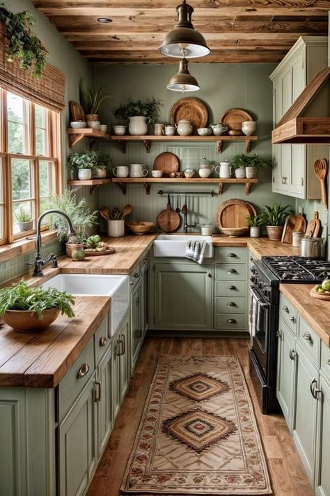 Earthy Kitchen, Muebles Shabby Chic, Cabin Kitchens, Cottage Kitchens, Cozy Kitchen, Kitchen Inspiration Design, Trendy Kitchen, Cottage Kitchen, Green Kitchen