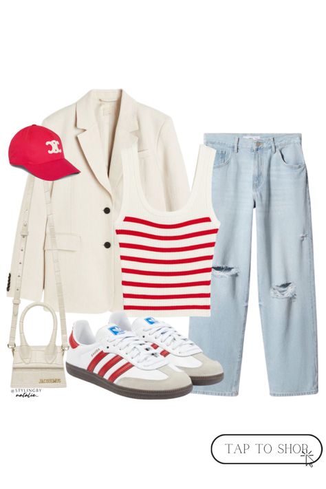 Red Striped Tee Outfit, Red Sambas Adidas Women Outfit, Red Sambas Adidas Outfit Summer, Red And White Sambas Adidas Outfit, Red Cap Outfits For Women, Red Adidas Samba Outfit, Adidas Samba Red Outfit, Red Samba Outfit, Red Sambas Adidas Outfit