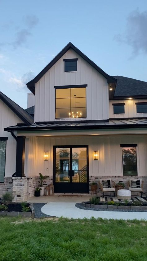 Follow @wifeonadime on IG for more #ModernFarmhouse exterior inspo. Save for later! in 2022 | Brick exterior house, Modern exterior, Modern farmhouse exterior Tan House, Black Barndominium, House Front Porch, Shop Barndominium, Barn Style House Plans, Bedroom Barndominium, Home Exterior Makeover, Exterior Modern, Casas Coloniales