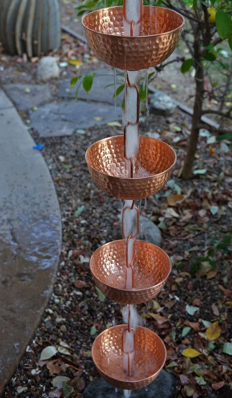 Singing Bowls™ Copper Rain Chain | Pure Copper Rain Chain - Free Shipping Apt Organization, Rain Chain Ideas, Rain Chimes, Copper Rain Chain, Rain Catcher, Copper Rain Chains, Large Bowls, How To Install Gutters, Copper Crafts