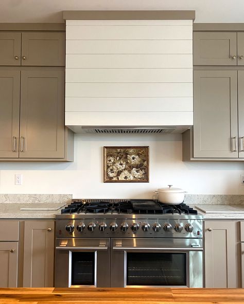 Our Custom Range Hood: A Perfect Blend of Function and Style — Whitney Out West Shiplap Oven Hood, Shiplap Range Hood Cover, Shiplap Hood Vent, Hood Fan Kitchen, Shiplap Range Hood, Shiplap Hood, Taupe Cabinets, Stove Range Hood, Classic Farmhouse Kitchen