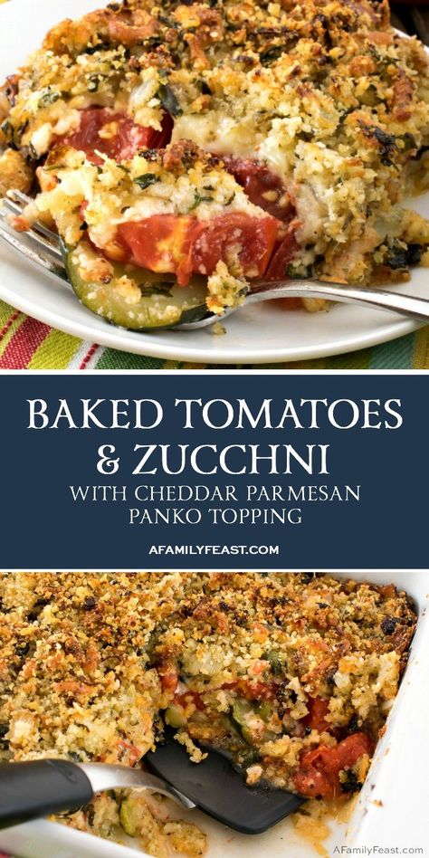 Our Baked Tomatoes and Zucchini with Cheddar Parmesan Parmesan Topping makes a delicious meatless meal or side dish that kids and grown-ups will both love. Basil Zucchini Recipes, Zucchini And Tomato Recipes Baked, Roman Tomato Recipes, Summer Squash And Tomato Recipes, Tomatoes And Zucchini Recipes, Tomato Zucchini Bake, Tomatoes And Zucchini, Tomatoes Recipes, Veggie Casserole