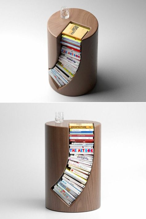 Bookgroove is a unique bookrack table that is cylindrical in shape and features a storage section to house your favorite books. The storage section is obviously the biggest talking point of the design. It is curvy and can store about two dozen of small to medium-sized books. Buddha Room Design, Wooden Shelf Design, Curvy Sofa, Fall Coffee Table Decor, Storage Furniture Design, Unique Side Table, Book Furniture, Furniture Details Design, Retro Living Rooms