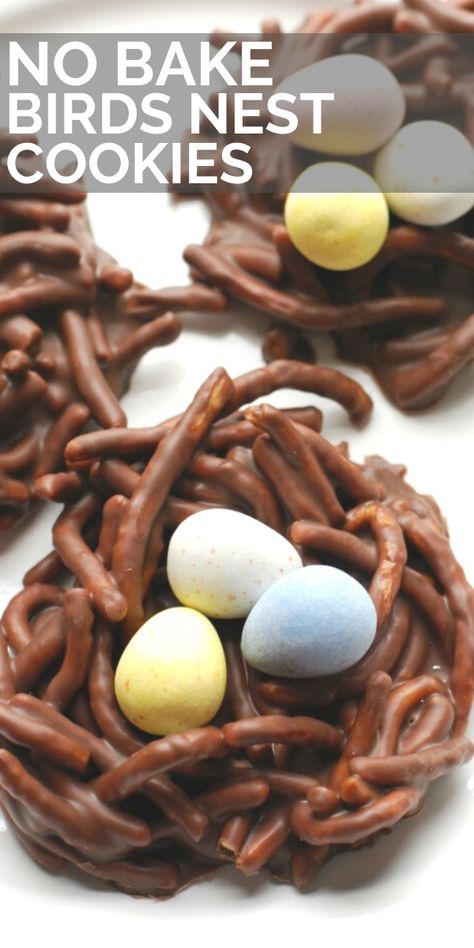 Adorable no bake Chow Mein Noodle Birds Nest Cookies recipe uses both chocolate and peanut butter to make the most delicious nests. The addition of mini-eggs makes the nests look realistic and beautiful, while still being yummy! #cookies #easter #birdsnestcookies #eggs Birds Nest Cookies, Easter Birds Nest, Chocolate Nests, Easter Egg Nest, Easter Food Appetizers, Easy Easter Desserts, Easter Nests, Easter Snacks, Easter Sweets