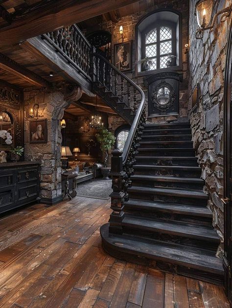 Gothic Farmhouse, Stone And Wood, Goth Home, Goth Home Decor, Rustic Home Design, Fantasy Homes, Castle House, Fantasy House, Log Cabins