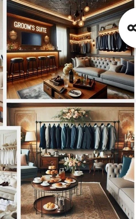 Groomsmen Room Ideas, Grooms Dressing Room Ideas, Bridal Lounge, Grooms Room Ideas Wedding, Groom Dressing Room, Grooms Suite Decor, Groom Suite Ideas, Groomsmen Getting Ready Room, Groom Suite Room