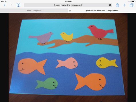 Creation Day Five, God made the fish and the birds God Created The World Craft, Creation Bible Crafts, Seven Days Of Creation, Bible Study Activities, 7 Days Of Creation, Creation Bible, Preschool Bible Lessons, Children's Church Crafts, Bible Story Crafts