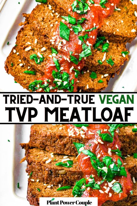 Experience ultimate comfort with our delicious vegan meatloaf recipe! Loaded with protein and bursting with flavor, it's a surefire hit for dinner. Enjoy it as-is with mashed potatoes and corn, or elevate it by topping with tomato sauce and serving alongside pasta and garlic bread. However you choose to indulge, it's guaranteed to be a family favorite. Plus, it makes fantastic sandwiches for lunch the next day! Get ready for a meal that satisfies both heart and soul. Soul Food Vegan, Vegan Tvp Recipes, Vegetarian Meatloaf Recipes, Tvp Meatloaf, Tvp Recipes Vegan, Vegan Meatloaf Recipes, Tofu Meatloaf, Meatloaf Recipe Easy, Pasta And Garlic Bread