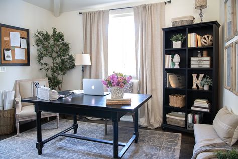 Office Furniture Arrangement, Black Office Furniture, Sanctuary Home Decor, Sanctuary Home, Home Office Makeover, My Home Office, Cozy Home Office, Office Guest Room, Office Makeover