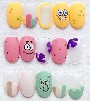 Cartoon Nails Disney, Dino Nails Art, Cartoon Character Nails, Pokemon Nail Art, Desain Salon Kuku, Fun Nail Art Designs, Nail Art Cartoon, Pokemon Nails, Spongebob Nails