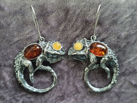 earrings, silver, chameleon, amber Antique Amber Sterling Silver Jewelry, Amber Polished Sterling Silver Jewelry, Elegant Amber Sterling Silver Earrings, Amber Sterling Silver Earrings, Orange Gemstone Sterling Silver Earrings, Copper Plating, Copper Plated, Earrings Silver, Amber