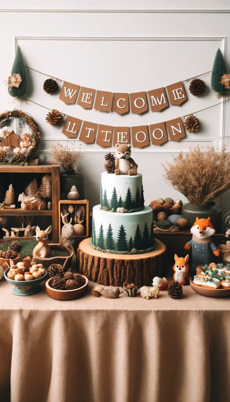 21 Creative Baby Shower Decoration Ideas That Will Wow Your Guests! 🎉👶 Boy Baby Shower Ideas Forrest, Autumn Woodland Baby Shower Ideas, Woodland Baby Shower Ideas For Boys, Woodsy Theme Baby Shower Ideas, Wilderness Theme Baby Shower Ideas, Fall Woodland Baby Shower Ideas, Nature Theme Baby Shower Ideas, Woodland Forest Baby Shower Ideas, Wildlife Baby Shower Ideas