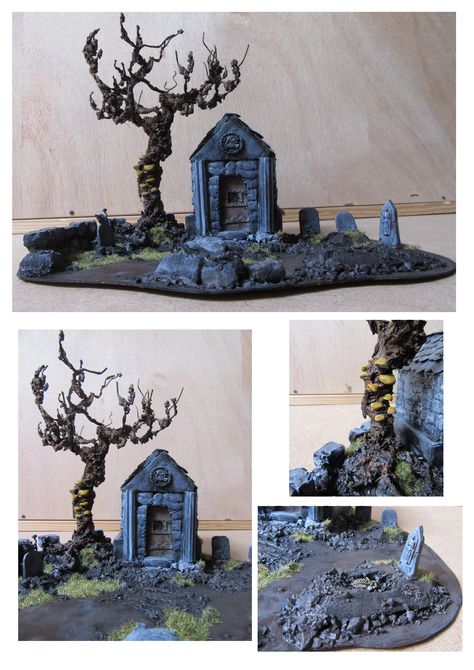 Miniature Graveyard Miniature Graveyard Diorama, Halloween Village Cemetery, Bell Jar Decorating Ideas, Tim Burton Graveyard, Polymer Clay Graveyard, Cemetary Diorama, Halloween Miniature Village, Clay Graveyard, Cemetery Miniature