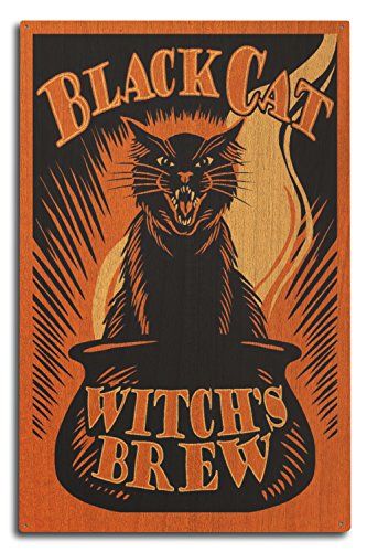 Lantern Press Halloween - Black Cat Witch's Brew (10x15 Wood Wall Sign, Wall Decor Ready to Hang) Lantern Press Halloween Graphics, Wood Postcard, Witch's Brew, Halloween Black Cat, Artwork For Living Room, Halloween Vintage, Halloween Black, Black Cat Halloween, Canvas Art Wall Decor