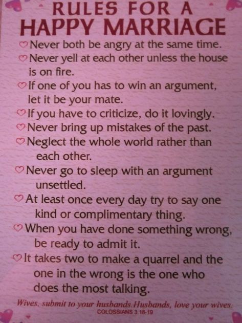 RULES FOR AHAPPY MARRIAGENever both be angry at the same time.(P Never yell at each other unless the houseis on fire.If one of you has to win an argument,let it be your mate.If you have to criticize, do it lovingly.(P Never bring up mistakes of the past.o Neglect the whole world rather thaneach other.(O Never go to sleep with an argumentunsettled.At least once every day try to say onekind or complimentary thing.When you have done something wrong,be ready to admit it.It takes two to make a quarre Quotes About Husbands Love, Husband Neglects Wife, Quotes About Husbands, Husband And Wife Photos, Husband Quotes Marriage, Husband Photos, The Good Wife's Guide, Husbands Love Your Wives, Quotes Marriage