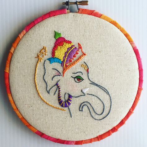 Little Ganesha Hand Embroidered Hoop Art~   More pics and description at CapriciousArts.com   #embroidery #embroideryhoop #hoopart #handembroidered #ganesha #indian #myth #wallart #whimsical #CapriciousArts Krishna Embroidery, Hoop Art Wall, Embroidered Hoop, Embroidery Frame, Embroidery Hoop Wall Art, Embroidery Wall Art, Glass Painting Designs, Handmade Embroidery Designs, Prayer Room