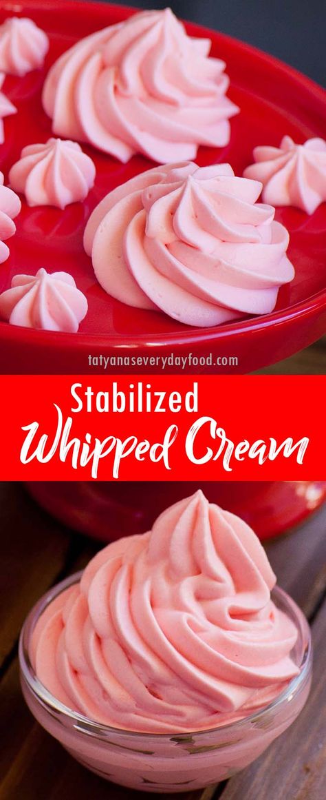 Stabilized Whipped Cream (video) - Tatyanas Everyday Food Dessert Fillings, Cupcakes Images, Stabilized Whipped Cream Frosting, Whipped Cream Icing, Rodjendanske Torte, Color Recipe, Strawberry Extract, Stabilized Whipped Cream, Strawberry Whipped Cream