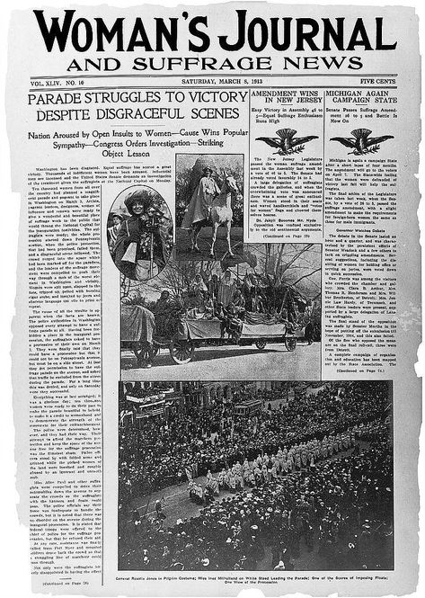 The newspaper article depicts the negativity that was given to women suffragists as they gave parades to protest. In the film, "Iron Jawed Angels", it showed that riots occurred during these parades in malice against suffragists. This article proved my question with the danger that happened in these events. Girls In Caps, Newspaper Woman, Woman Suffrage, Journal Business, Suffrage Movement, Womens Equality, Social Action, Delta Sigma Theta Sorority, Delta Sigma Theta