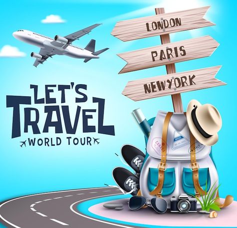 Travel vector banner design. let's go tr... | Premium Vector #Freepik #vector #travel #travel-3d #tourism #camp Travel Advertising Design, Travel Brochure Design, Azerbaijan Travel, Tourism Design, Travel Vector, Adventurous Design, Travel Advertising, Travel Poster Design, Tourism Poster